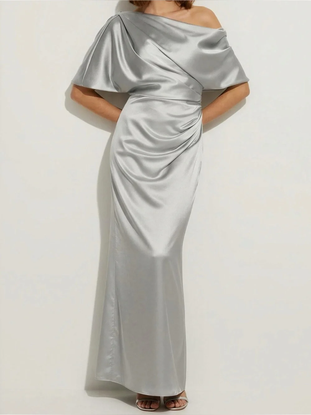AFTER SIX Nathalie 6901 Asymmetrical Off-The-Shoulder Satin Gown, Mist, Medium
